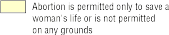 Abortions is permitted only to save a woman's life or is not permitted on any grounds