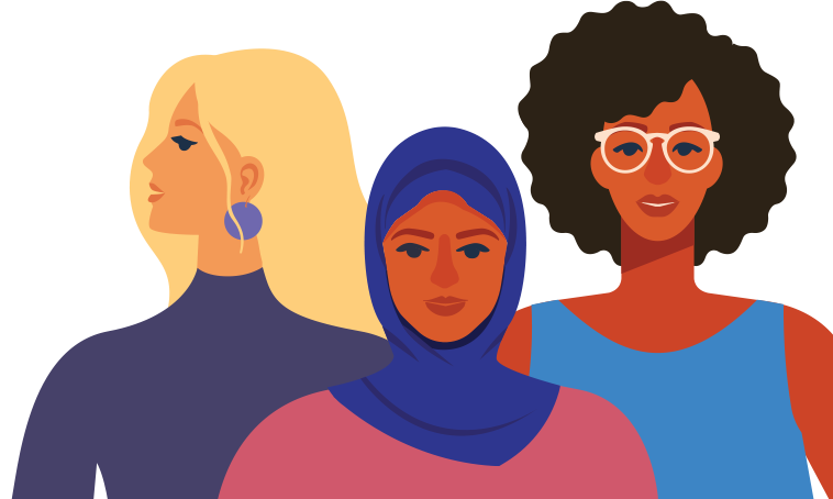 Stylized illustration of a diverse group of three independent women
