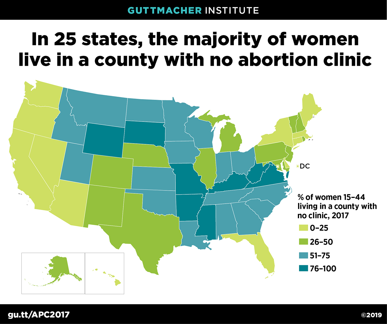 Image: map showing the majority of women live in a county with no abortion clinic