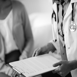 Black and white image of a doctor reading notes to a patient