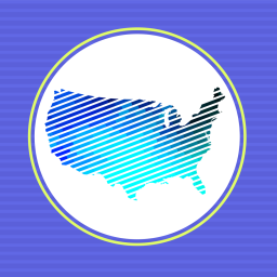 A violet background with a white circle. In the white circle is an outline of the United States with purple and blue lines going through. 