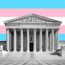 A picture of the US Supreme Court with a transgender pride flag as the background, with light blue, pink and white stripes.