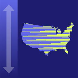 An arrow pointing up and down on the left side, with a map of the United States to the right