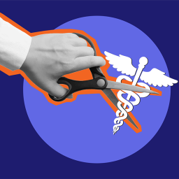 An image of a hand using scissors to cut a health care symbol. 