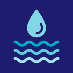 A navy blue background with a light blue water droplet and waves of water below