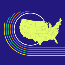 A blue background with a neon green outline of the United States