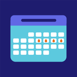 Blue calendar with several dates marked by blood drop icons, all on a navy background.