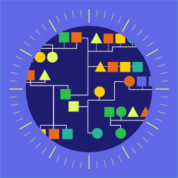 Illustration of a circular diagram filled with interconnected lines and colorful geometric shapes arranged like a flowchart or network.