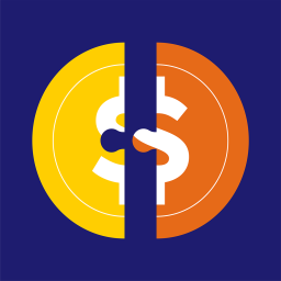 Illustration on a navy blue background of a coin split in half—one side yellow and the other orange—with a dollar sign divided down the center