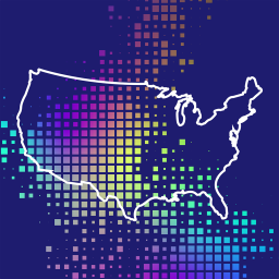 Outline of United States map on dark blue and multicolored pixelated background