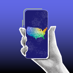Power to Decide preview image hand holding phone with image of US map in rainbow gradient