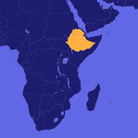 Violet and navy map of Africa with Ethiopia highlighted in orange