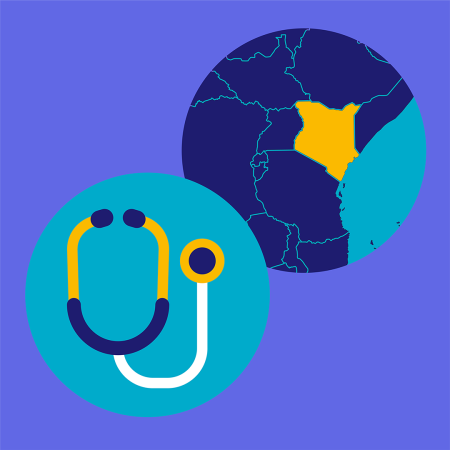 Illustration on a violet background with a teal circle with a stethoscope in front of a globe, with Kenya highlighted in yellow.