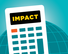 Calculator with the word Impact instead of numbers in front of a image of a globe
