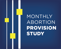 Blue background with three white lines and yellow boxes. Text reads, "Monthly Abortion Provision Study"