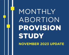 Blue image with three white lines and yellow boxes. The text reads "Monthly Abortion Provision Study, November 2023 Update"