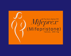 An orange box of mifepristone with a navy blue background