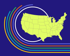 A blue background with a neon green outline of the United States