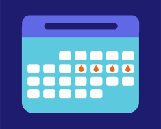 Blue calendar with several dates marked by blood drop icons, all on a navy background.