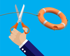 On a blue background, a hand holding scissors starts to cut the rope attached to an orange life raft.