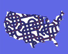 An image of the United States with data lines and roads going through it.