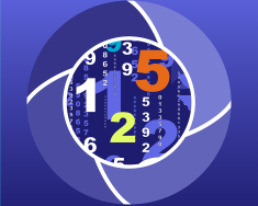 Illustration on a navy blue background of a camera aperture centered on an image of scattered numbers in violet, white, orange, and yellow.