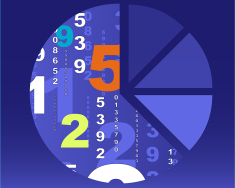 Illustration on a navy blue background of a pie chart, with the largest wedge containing a series of overlapping numbers in violet, white, orange, turquoise, and yellow. 