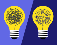 A navy blue background showing two lightbulbs with squiggly lines, indicating confusion