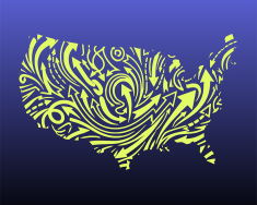 United States map made of highlighter yellow arrows on ombre purple background