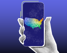 Power to Decide preview image hand holding phone with image of US map in rainbow gradient
