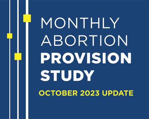 Blue background with three white lines and yellow boxes. Text reads, "Monthly Abortion Provision Study - October 2023 Update"