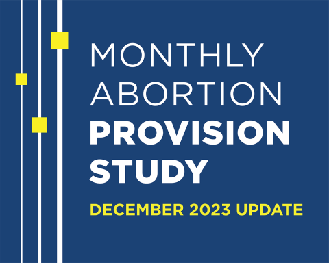 Blue background with three white lines and yellow boxes. Text reads, "Monthly Abortion Provision Study - December 2023 Update"