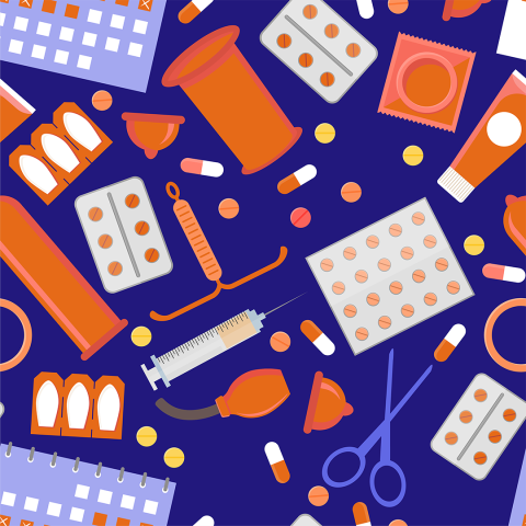 A navy blue background with many types of birth control on display in orange and blue, including an IUD, birth control pills, condoms, and more. 