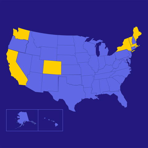 An outline of the United States with 8 states with telemedicine shield laws highlighted in yellow. Those states are N Y, M A, W A, V T, C A, C O, R I and M E. 