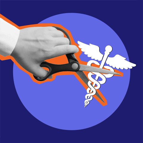 An image of a hand using scissors to cut a health care symbol. 
