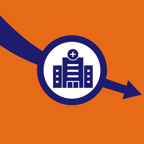 An image of a clinic with an arrow going down, indicating a decrease in abortion clinic provision. 