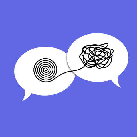 An image of two speech bubbles with squiggly lines, representing confusion. 
