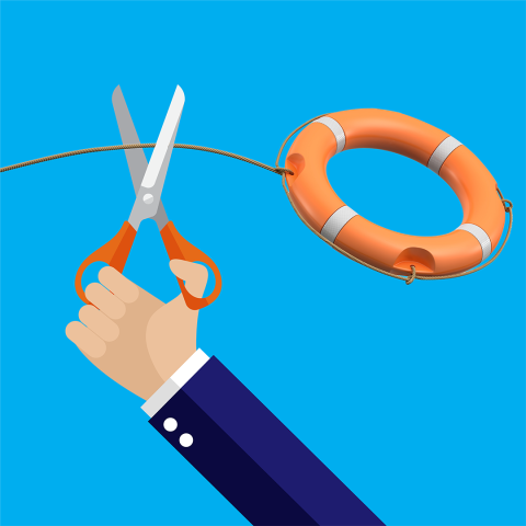 On a blue background, a hand holding scissors starts to cut the rope attached to an orange life raft.