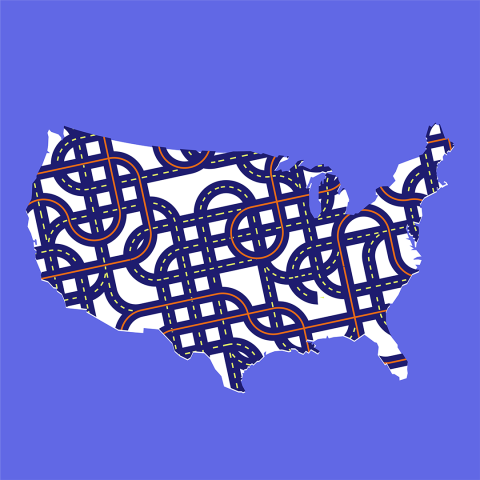 An image of the United States with data lines and roads going through it.