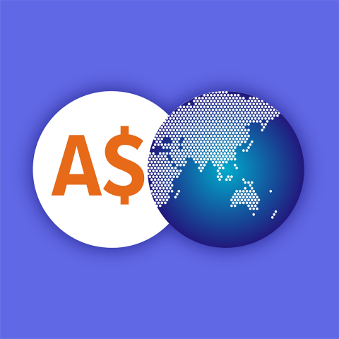 On a violet background are two overlapping circles: the left circle is white with an orange “A$” symbol, and the right circle is a stylized image of the globe, focused on the Asian and Pacific region.