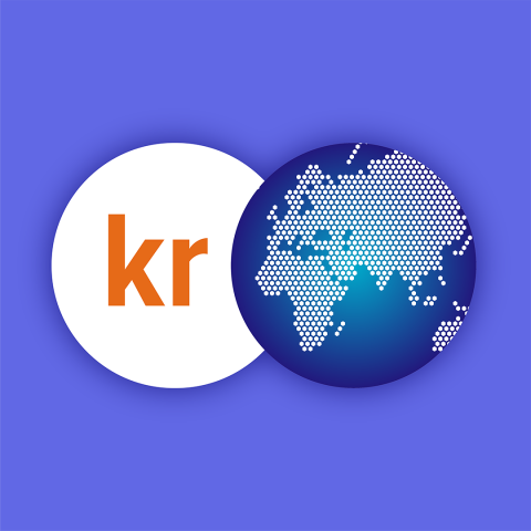 White circle with orange 'kr' overlapping a navy circle showing a dotted world map, on a violet background.