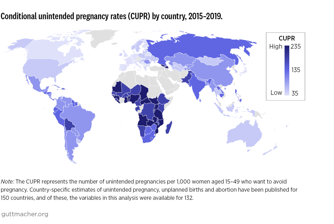 World map of conditional unintended pregnancy rates (CUPR) by country, 2015-2019