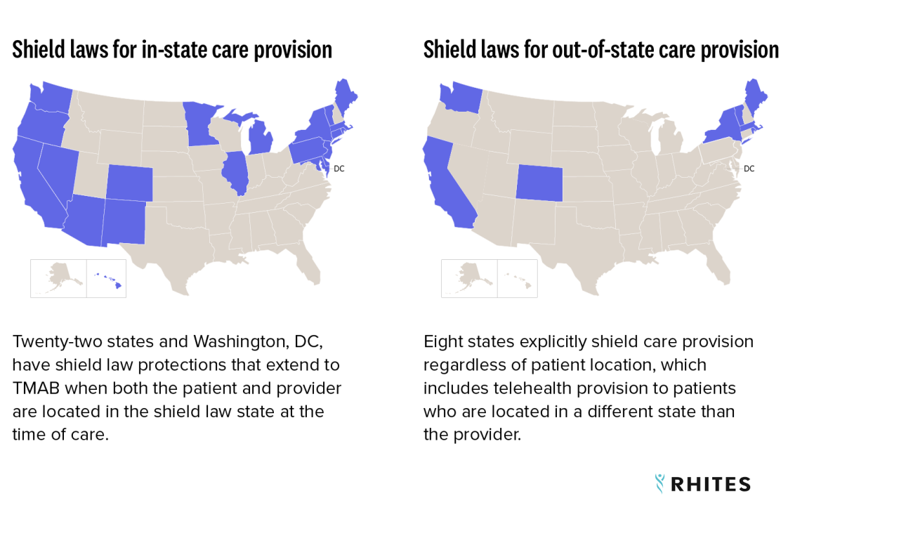 United States maps of shield laws for in-state care provision and shield laws for out-of-state care provision 