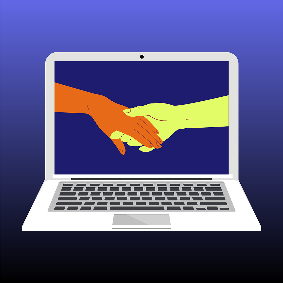 Illustration, laptop screen with image of hand holding (hands/arms are different colors)