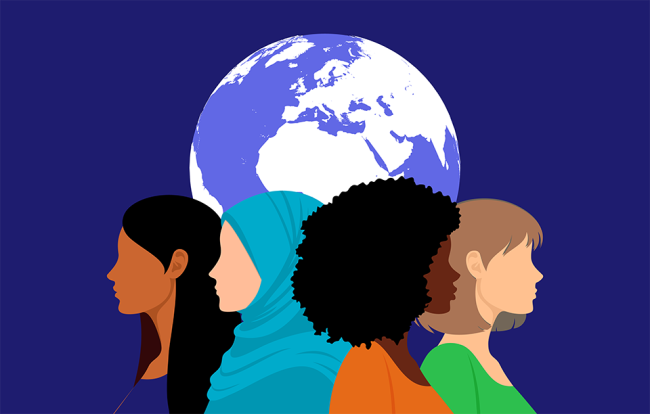 Adding It Up illustration four people in foreground,  globe in background