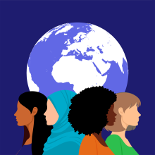 Adding It Up illustration, globe with four people in foreground