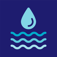 A navy blue background with a light blue water droplet and waves of water below