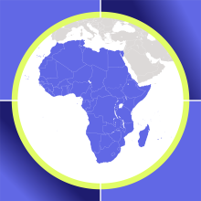 Map of Africa highlighted in blue, surrounded by a yellow circle.