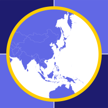 Map of Asia highlighted in blue, surrounded by a yellow circle.