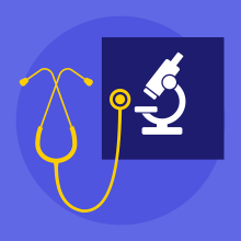 Images of a yellow stethoscope and a white microscope on a violet background